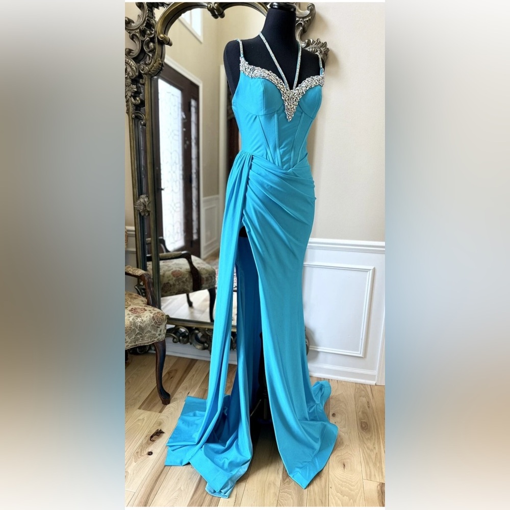 Portia and Scarlett Turquoise Blue Maxi Formal Evening Fitted Gown Size 4 - Picture 11 of 16
